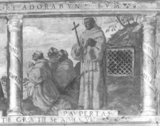 santo Monaco e monaci in adorazione della croce (dipinto) di Campagnola Domenico (bottega) - ambito padovano (sec. XVI)