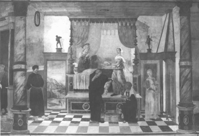 Nascita della Madonna/ Paesaggio/ Bronsetti (dipinto) di Campagnola Giulio (e aiuti) - ambito padovano (sec. XVI)