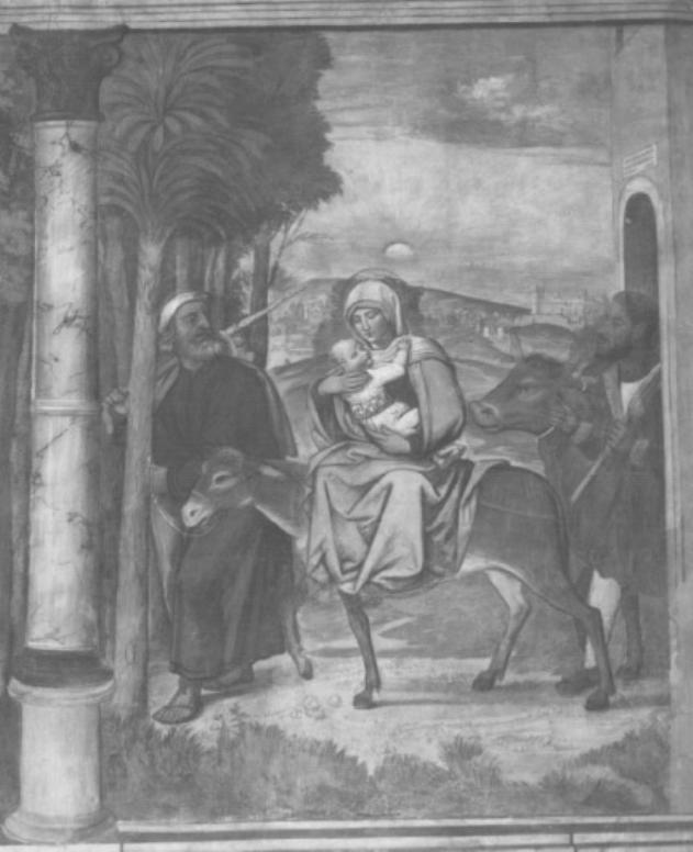 La fuga in Egitto/ Paesaggio (dipinto) di Tessari Girolamo detto Girolamo Dal Santo (e aiuti) - ambito padovano (sec. XVI)