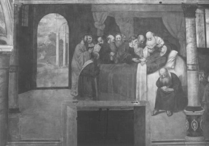 morte della Vergine/ paesaggio/ Architetture (dipinto) di Tessari Girolamo detto Girolamo Dal Santo (e aiuti) - ambito padovano (sec. XVI)