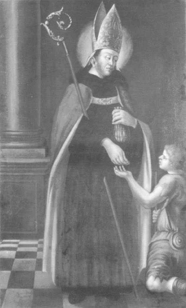 santo Vescovo francescano distribuisce l' elemosina (dipinto) - ambito veneto (prima metà sec. XX)