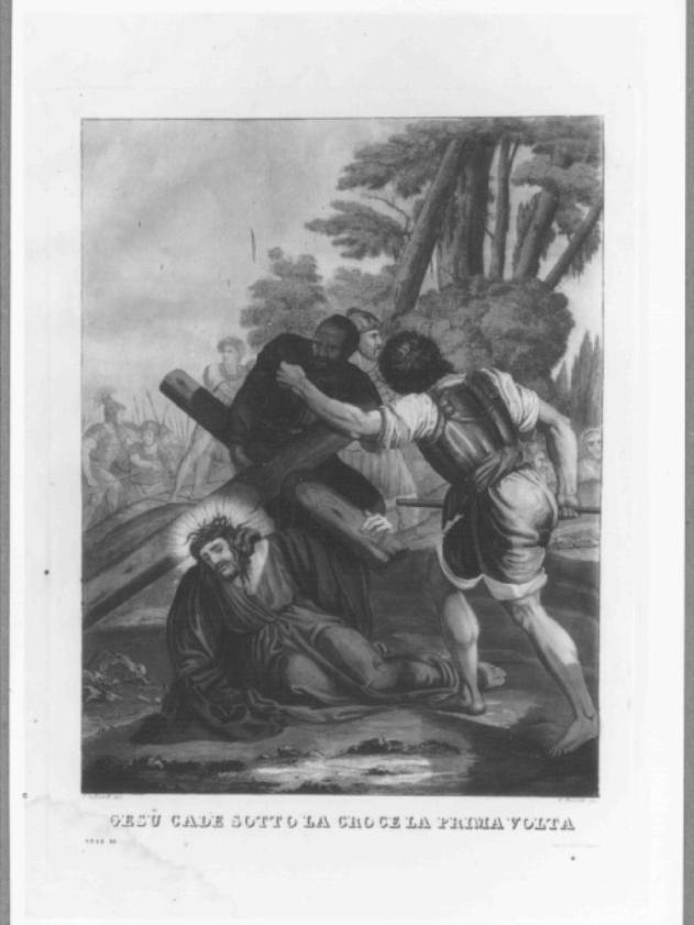 stazione III: Gesù cade sotto la croce la prima volta (stampa colorata a mano) - ambito italiano (primo quarto sec. XIX)