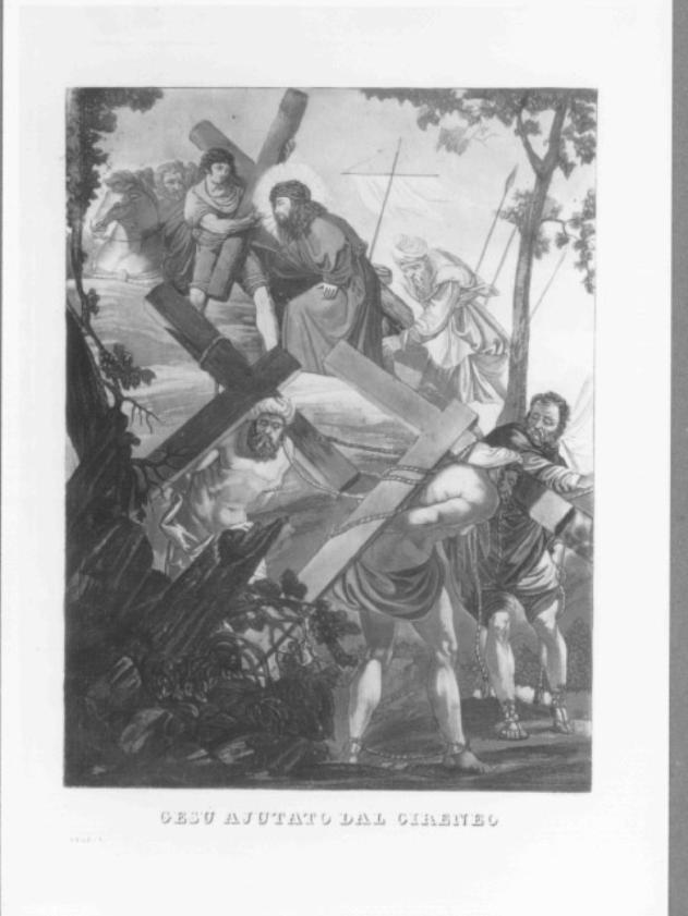 stazione V: Gesù aiutato dal Cireneo a portare la croce (stampa colorata a mano) - ambito veneto (primo quarto sec. XIX)