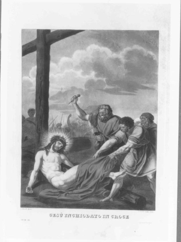 stazione XI: Gesù inchiodato alla croce (stampa colorata a mano) - ambito veneto (primo quarto sec. XIX)
