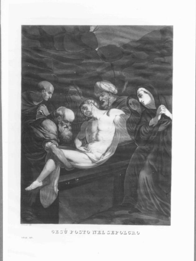 stazione XIV: Gesù deposto nel sepolcro (stampa colorata a mano) - ambito veneto (primo quarto sec. XIX)
