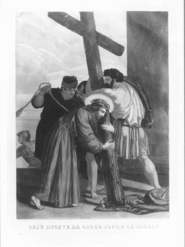 stazione II: Gesù caricato della croce (stampa colorata a mano) - ambito veneto (prima metà sec. XIX)