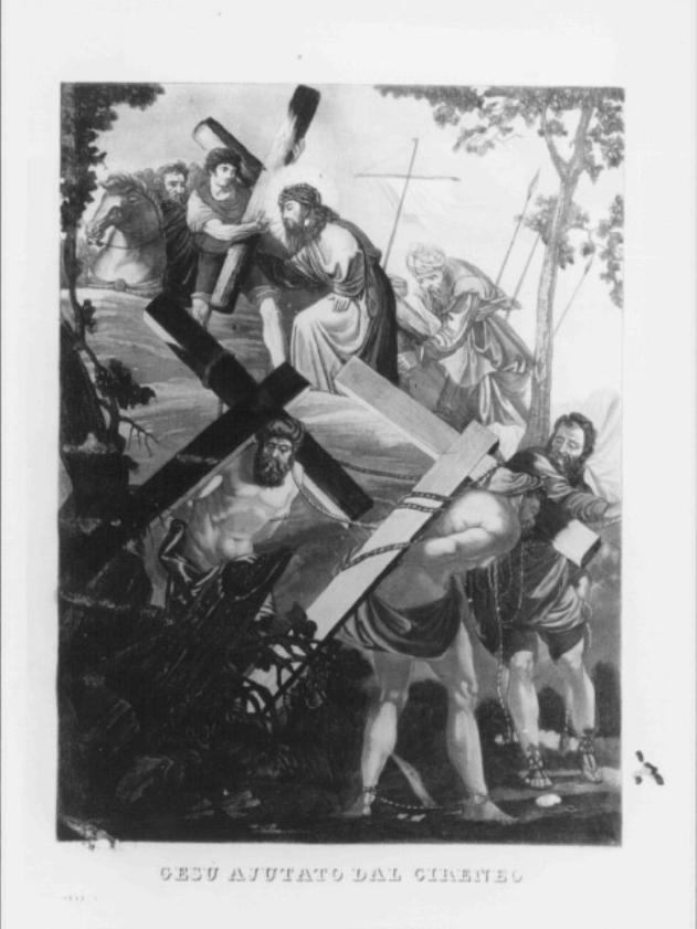 stazione V: Gesù aiutato dal Cireneo a portare la croce (stampa colorata a mano) - ambito veneto (prima metà sec. XIX)