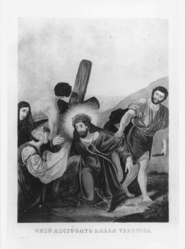 Veronica asciuga il volto a Gesù (stampa colorata a mano) - ambito veneto (prima metà sec. XIX)