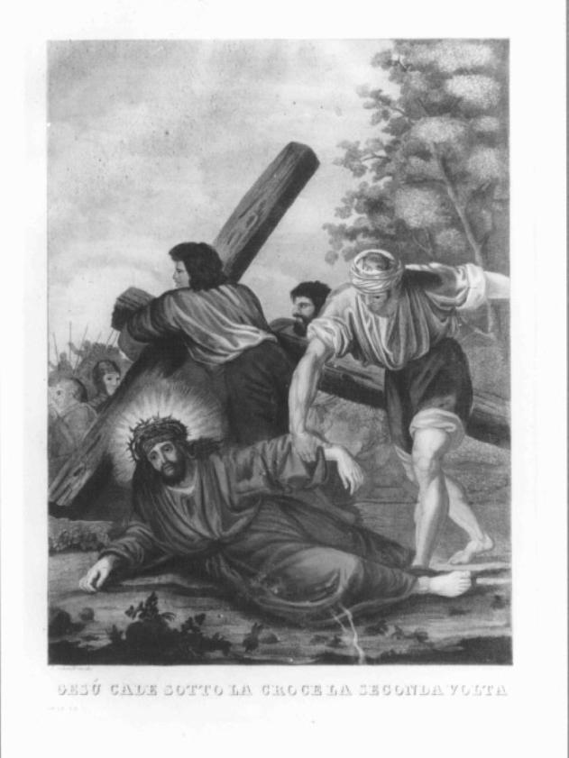 Gesù aiutato dal Cireneo a portare la croce (stampa colorata a mano) - ambito veneto (prima metà sec. XIX)