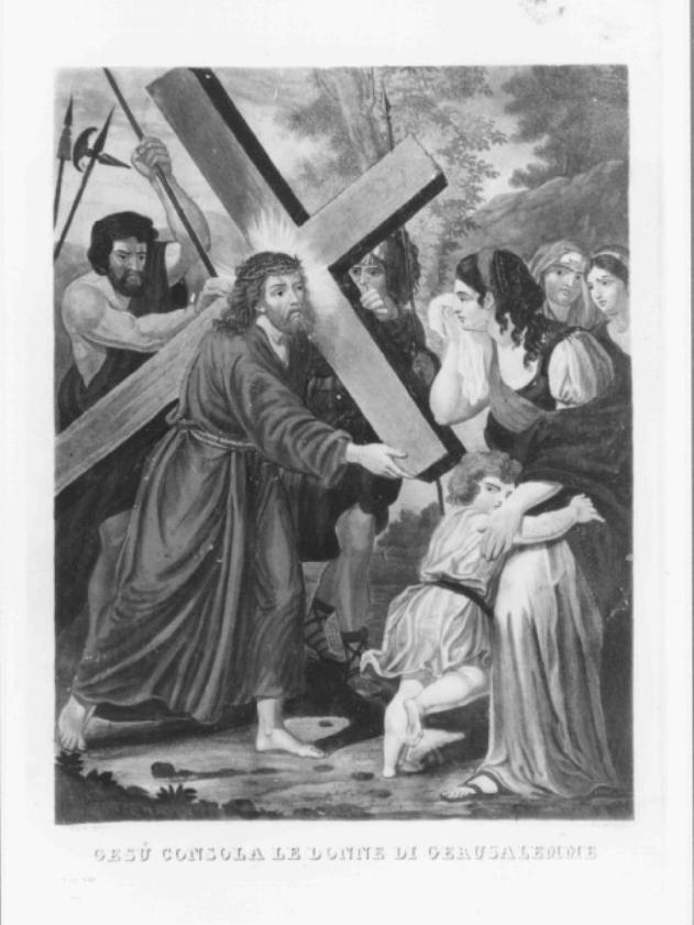 stazione VIII: Gesù consola le donne di Gerusalemme (stampa colorata a mano) - ambito veneto (prima metà sec. XIX)