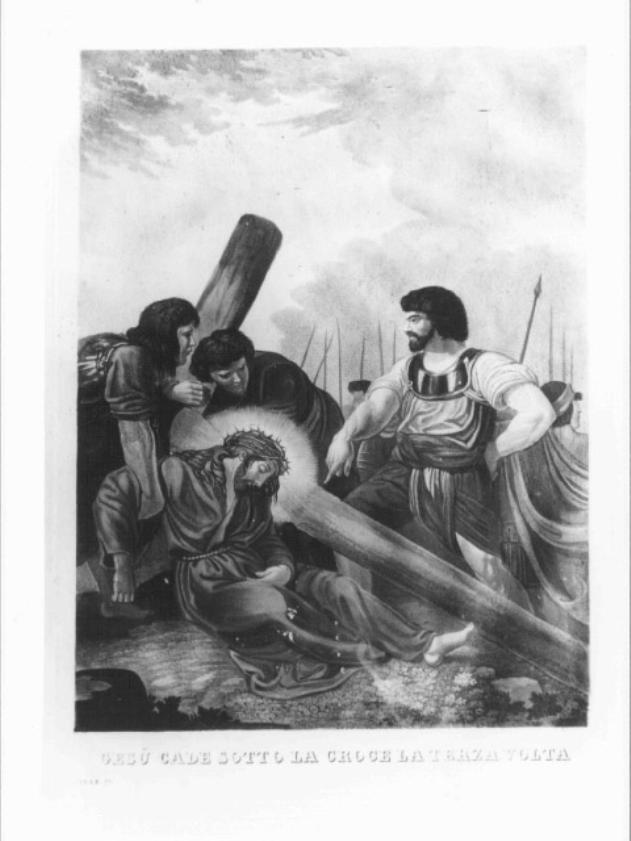 stazione IX: Gesù cade sotto la croce la terza volta (stampa colorata a mano) - ambito veneto (prima metà sec. XIX)