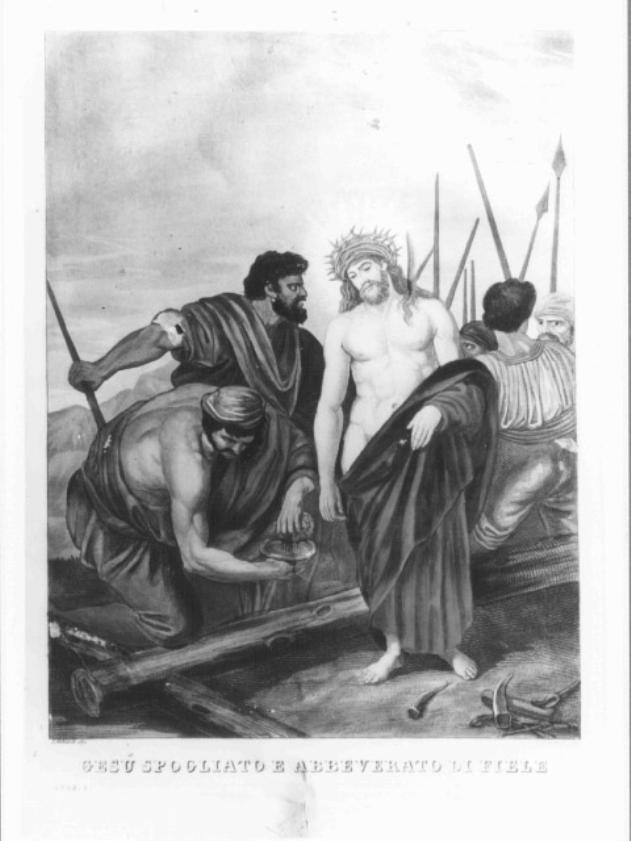stazione X: Gesù spogliato e abbeverato di fiele (stampa colorata a mano) - ambito veneto (prima metà sec. XIX)
