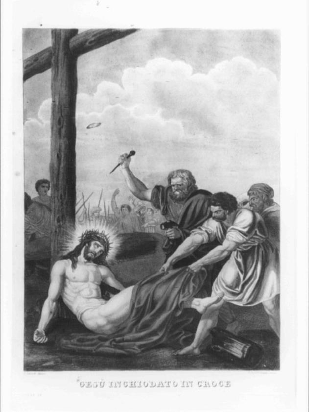 stazione XI: Gesù inchiodato alla croce (stampa colorata a mano) - ambito veneto (prima metà sec. XIX)