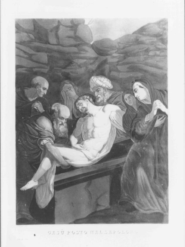 stazione XIV: Gesù deposto nel sepolcro (stampa colorata a mano) - ambito veneto (prima metà sec. XIX)