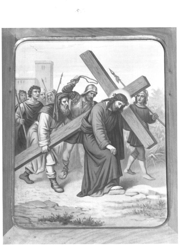 stazione V: Gesù aiutato dal Cireneo a portare la croce (stampa a colori, elemento d'insieme) - ambito veneto (inizio sec. XX)
