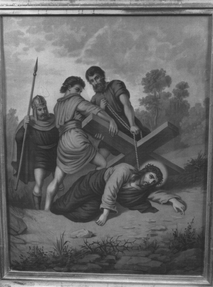 stazione IX: Gesù cade sotto la croce la terza volta (stampa a colori) - ambito veneto (sec. XX)