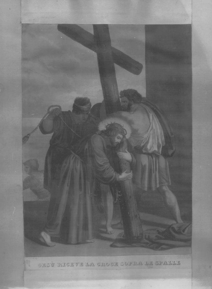 Gesu' riceve la croce sopra la spalle, stazione II: Gesù caricato della croce (stampa a colori) - ambito veneto (prima metà sec. XIX)