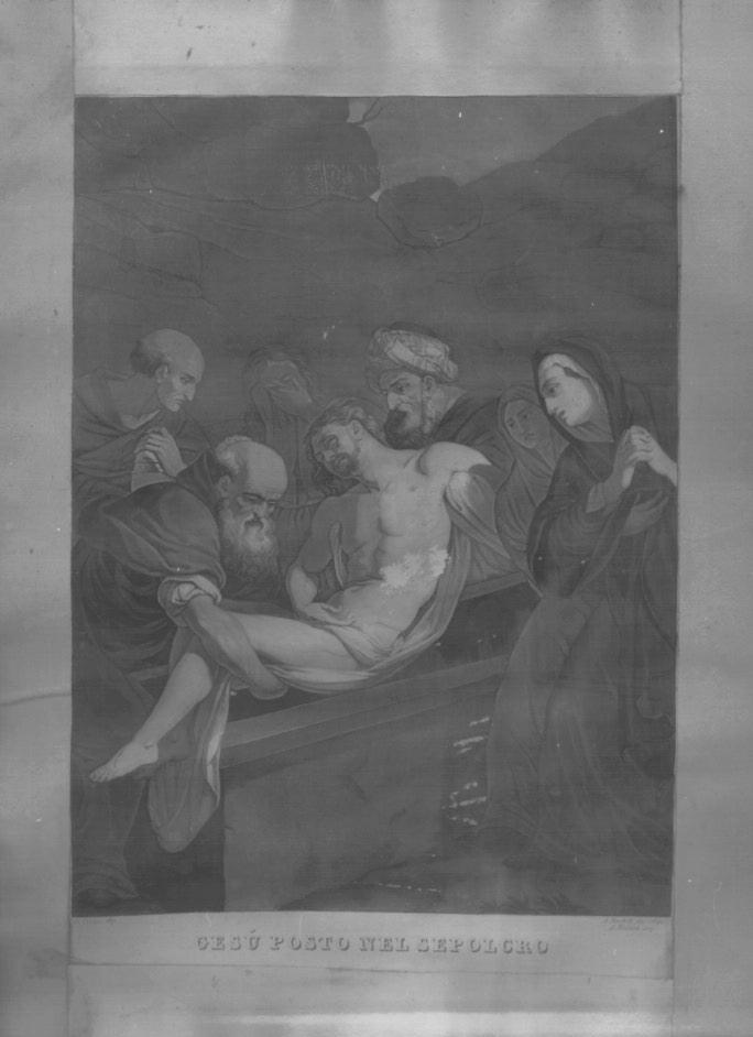 Gesu' posto nel sepolcro, stazione XIV: Gesù deposto nel sepolcro (stampa a colori) - ambito veneto (prima metà sec. XIX)