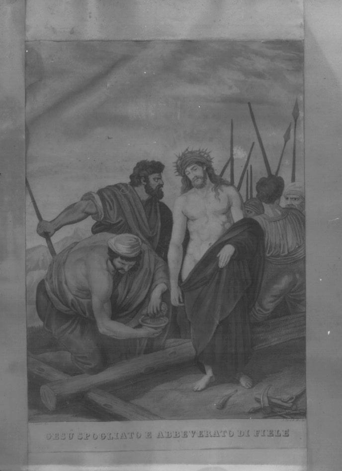 stazione X: Gesù spogliato e abbeverato di fiele (stampa a colori) - ambito veneto (prima metà sec. XIX)