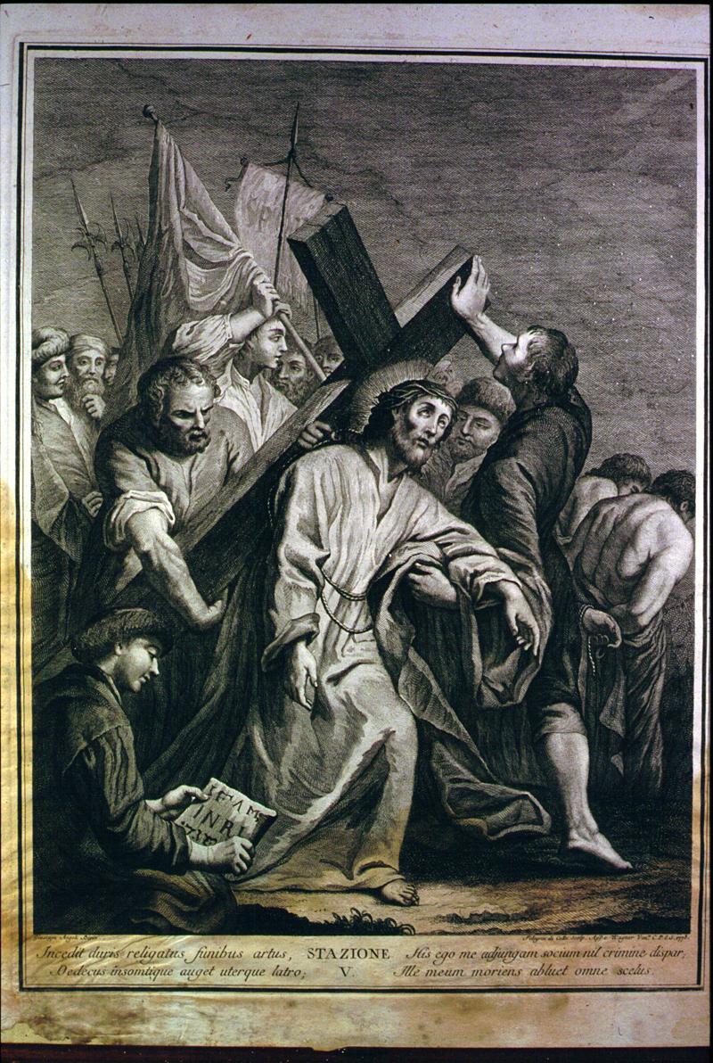 stazione V: Gesù aiutato dal Cireneo a portare la croce (Via Crucis, elemento d'insieme) di Angeli Giuseppe, De Colle Pellegrino (sec. XVIII)