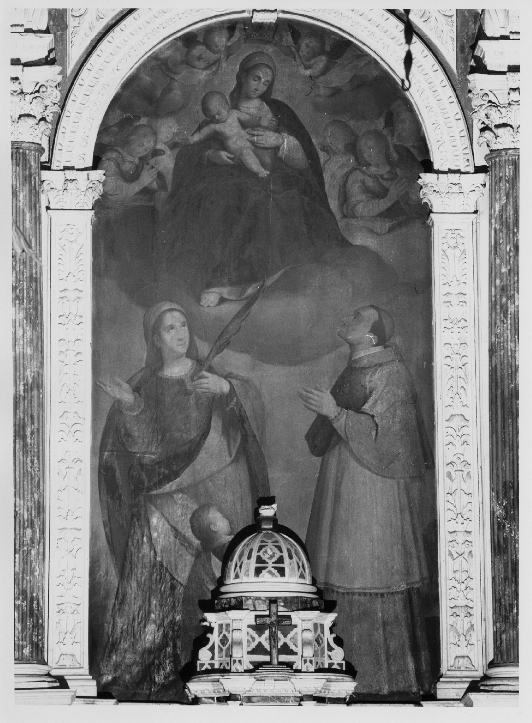 Madonna con Bambino in gloria con Santa Giuditta, San Quirico e San Carlo Borromeo (dipinto) - ambito veneto (sec. XVII)