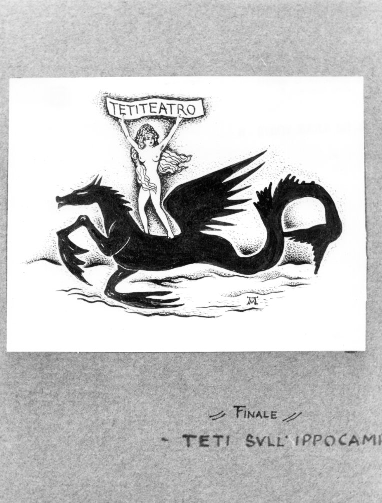 Teti sull'ippocampo, figura femminile nuda a cavallo di un ippocampo (disegno) di Martini Alberto (sec. XX)