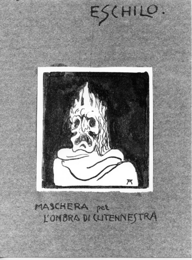 Maschera per l'ombra di Clitennestra, maschera teatrale tragica (disegno) di Martini Alberto (sec. XX)