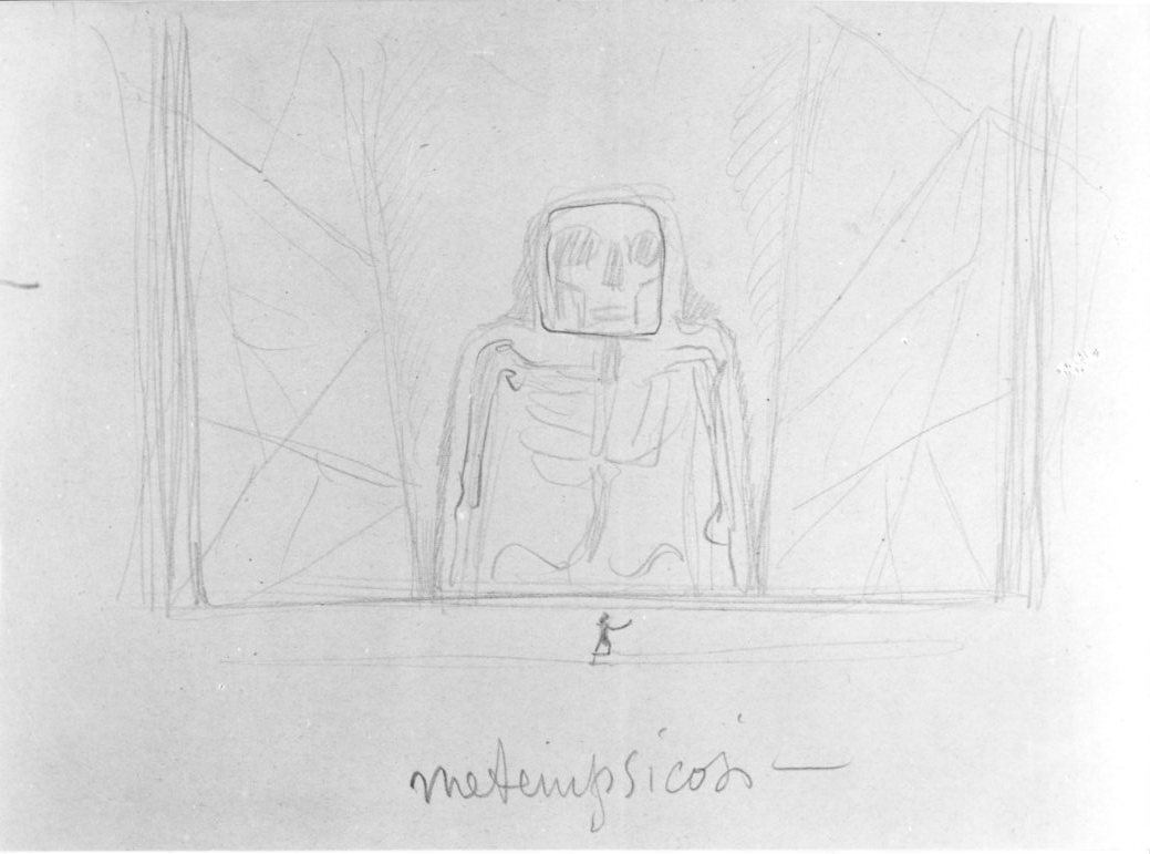 Metempsicosi, palcoscenico con maschera della morte (disegno) di Martini Alberto (sec. XX)