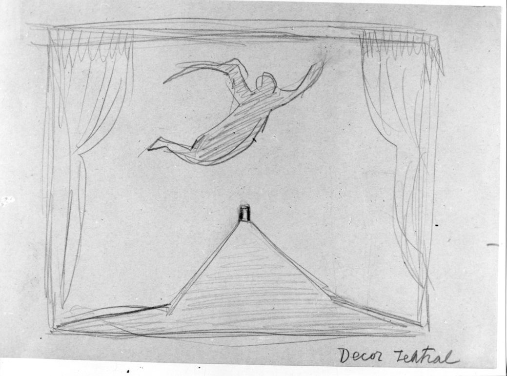 Decor teatral, palcoscenico con angelo (disegno) di Martini Alberto (sec. XX)