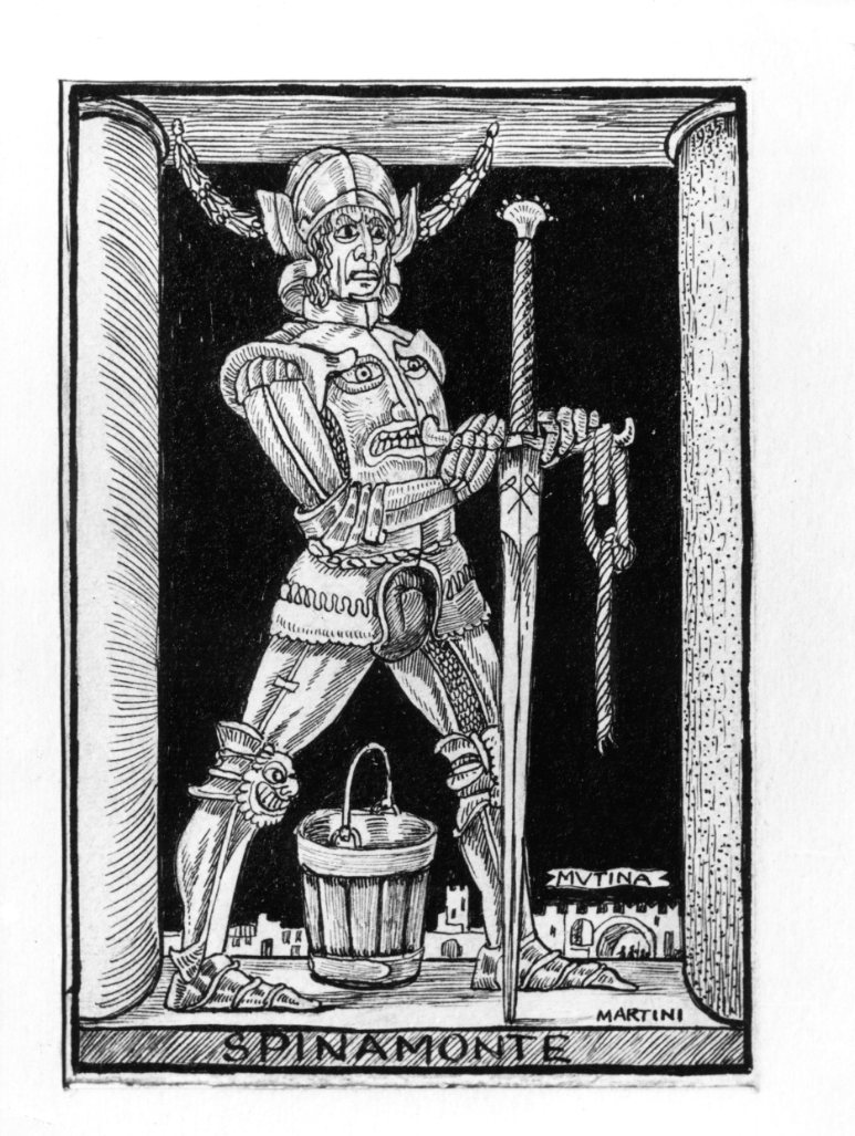Spinamonte, uomo con armatura e spada (disegno) di Martini Alberto (sec. XX)