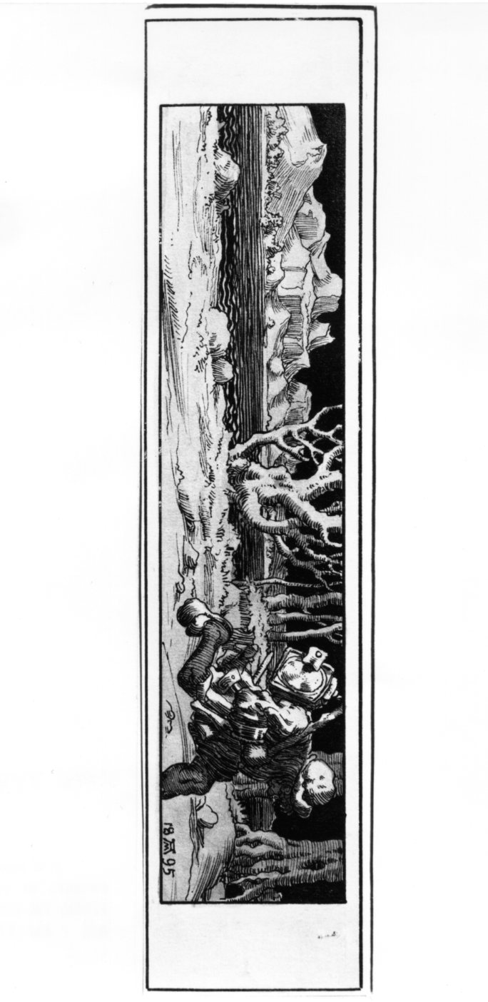 La fuga del nano, nano che corre lungo un fiume (disegno) di Martini Alberto (sec. XIX)
