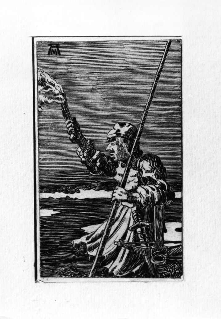 Soldato con fiaccola, armigero con lancia e fiaccola (disegno) di Martini Alberto (sec. XIX)