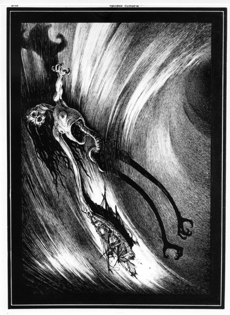Una descente dans le Maelstom, morte che germisce e fa naufragare una nave (disegno) di Martini Alberto (sec. XX)