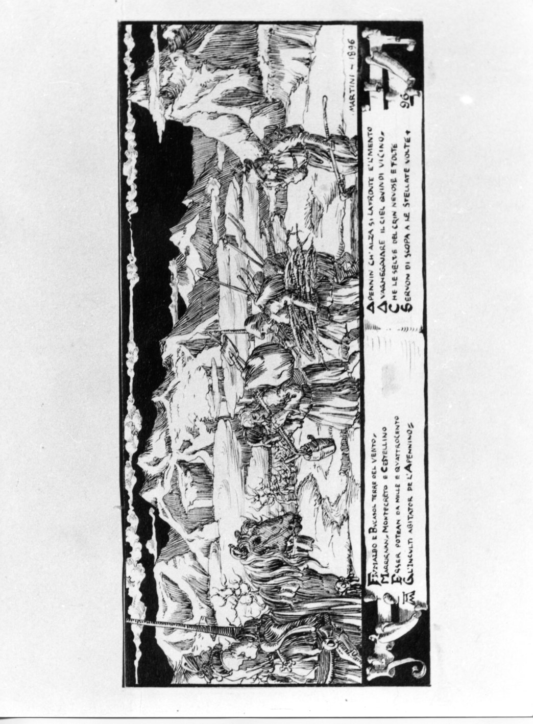 La milizia del pian de la montagna, paesaggio con cavaliere e contadini (disegno) di Martini Alberto (sec. XIX)