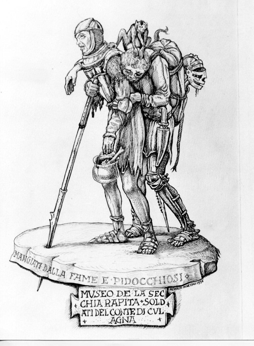 Sodati del conte di Culagna, soldati laceri e macilenti (disegno) di Martini Alberto (sec. XX)