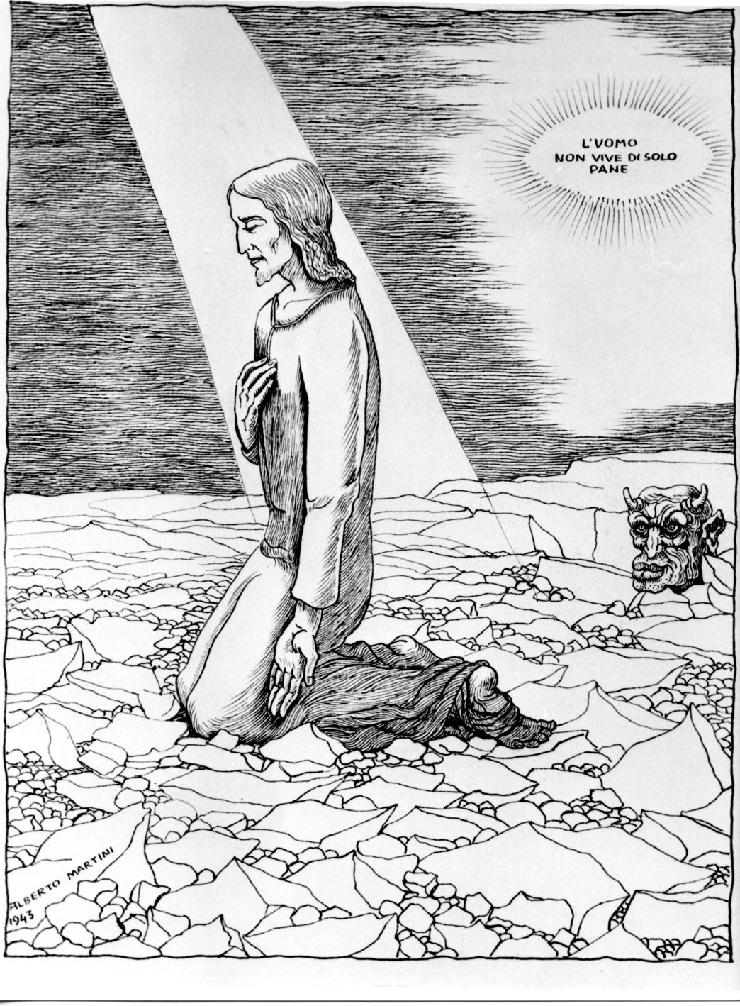 Nel deserto, Cristo nel deserto (disegno) di Martini Alberto (sec. XX)