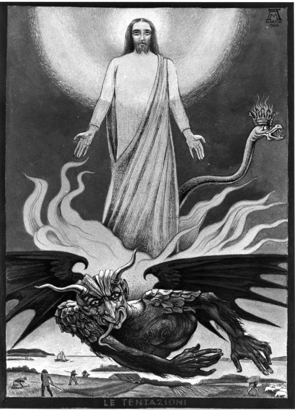 Le tentazioni, Cristo tentato da Satana (disegno) di Martini Alberto (sec. XX)