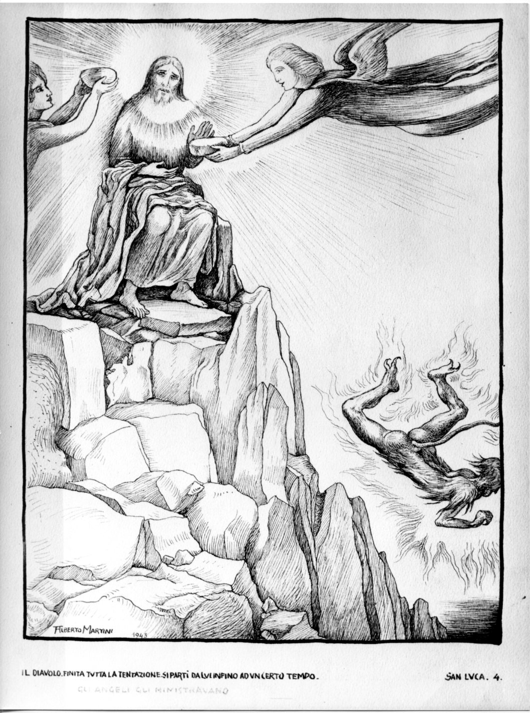 Finita la tentazione Satana lo lascia e gli angeli lo servivano, Cristo servito dagli angeli (disegno) di Martini Alberto (sec. XX)