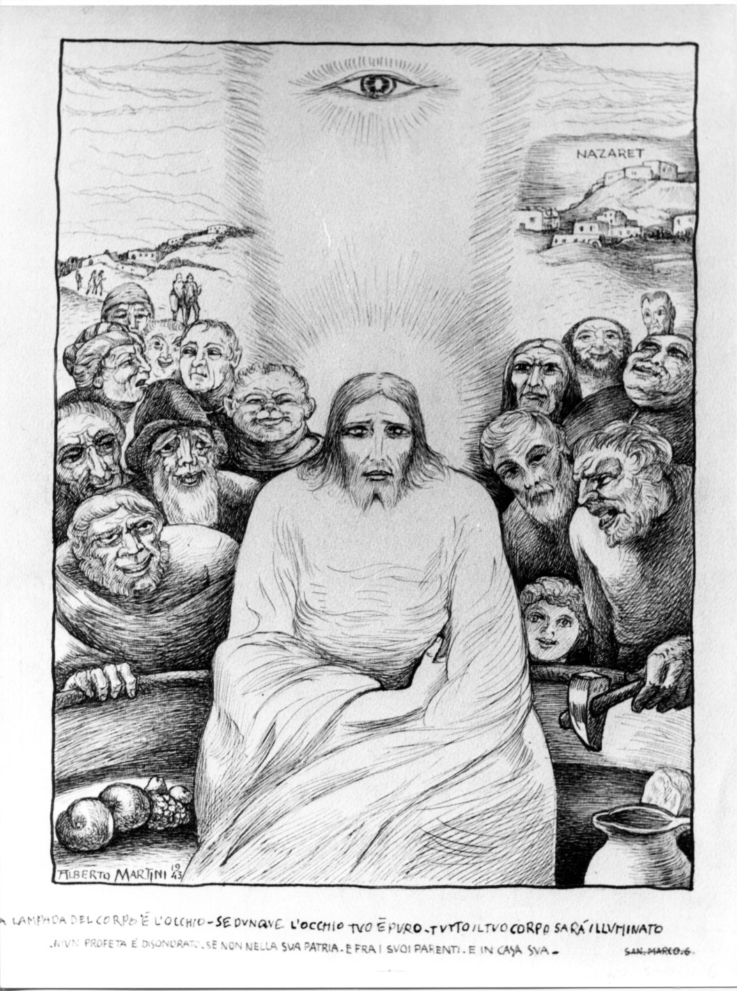 Niun profeta è spregiato se non nella sua patria e fra i suoi parenti e in casa sua, Cristo deriso (disegno) di Martini Alberto (sec. XX)
