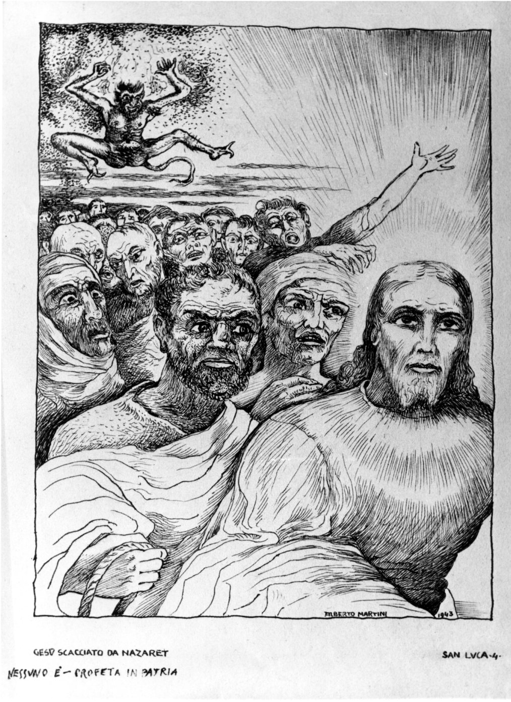Gesù viene cacciato da Nazaret, Cristo cacciato da Nazareth (disegno) di Martini Alberto (sec. XX)