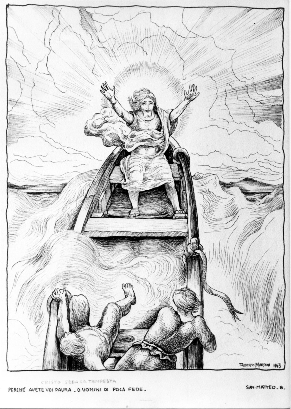Comandò ai venti e al mare, Cristo e gli apostoli durante la tempesta (disegno) di Martini Alberto (sec. XX)