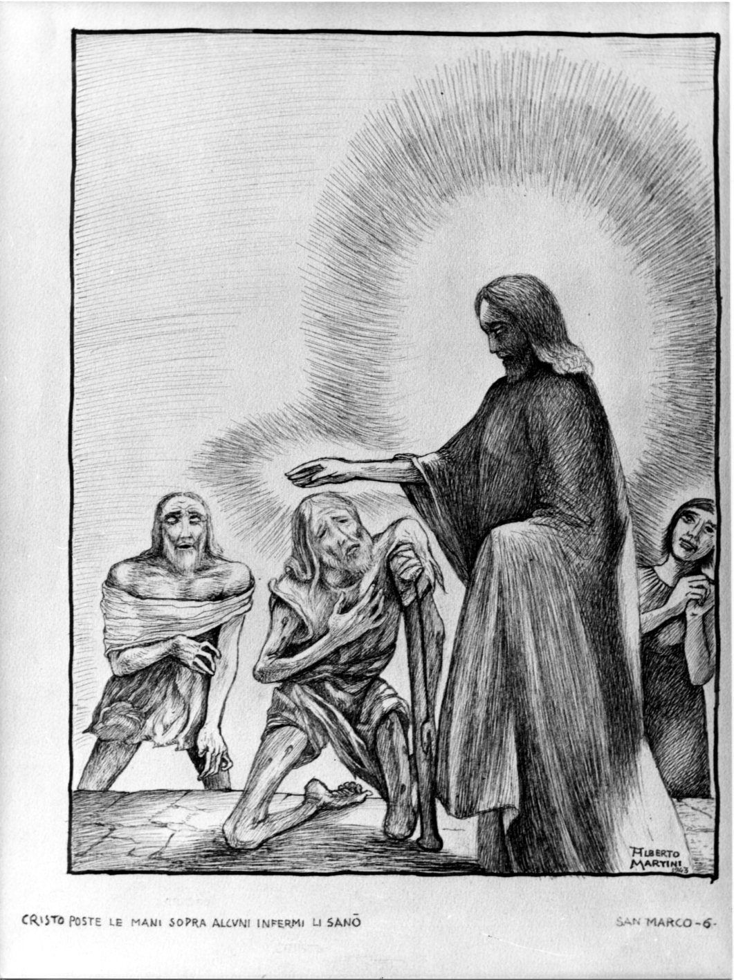 Poste le mani sopra alcuni infermi li sanò, Cristo guarisce gli infermi (disegno) di Martini Alberto (sec. XX)