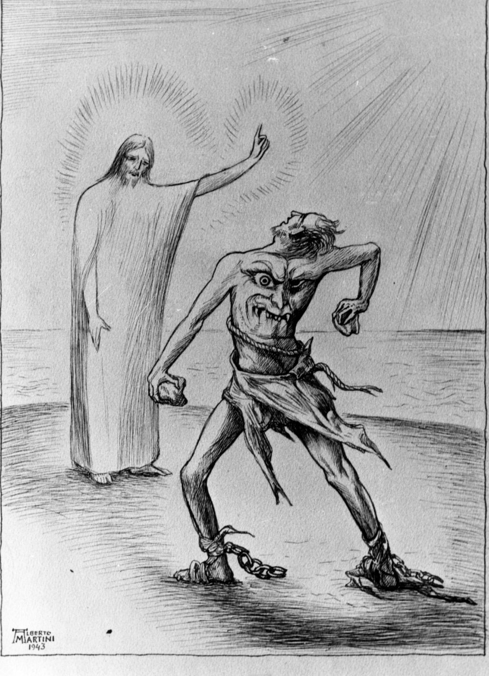 L'indemoniato di Cafarnao, Cristo guarisce il servo del centurione di Cafarnao (disegno) di Martini Alberto (sec. XX)