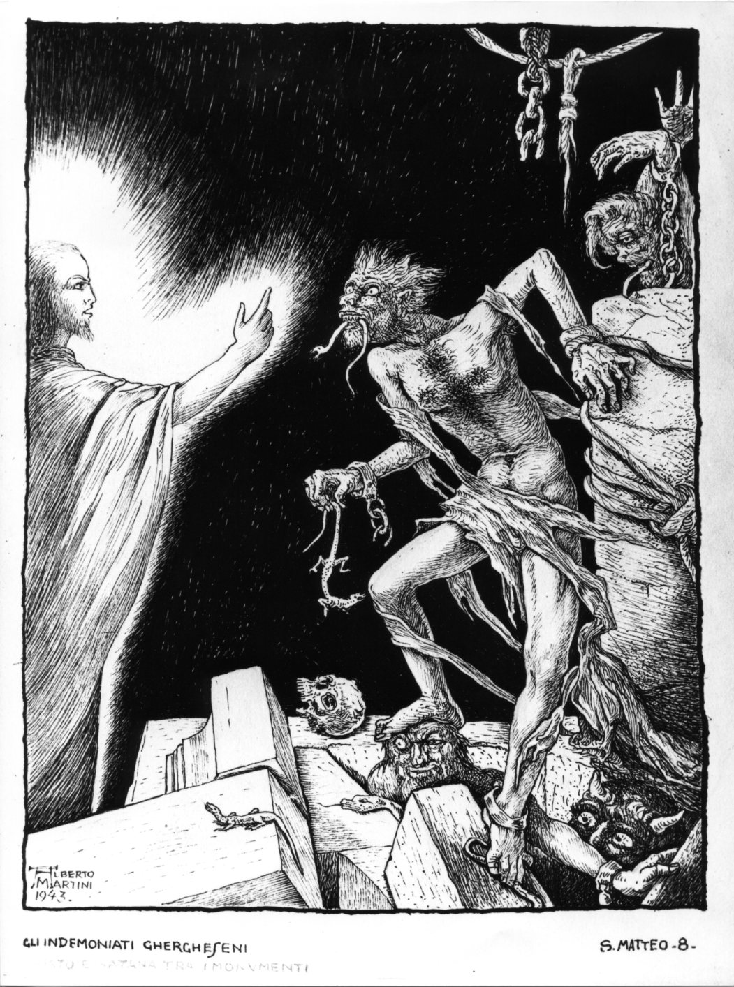 L'indemoniato di Gerasa, Cristo guarisce i due indemoniati di Gerasa (disegno) di Martini Alberto (sec. XX)