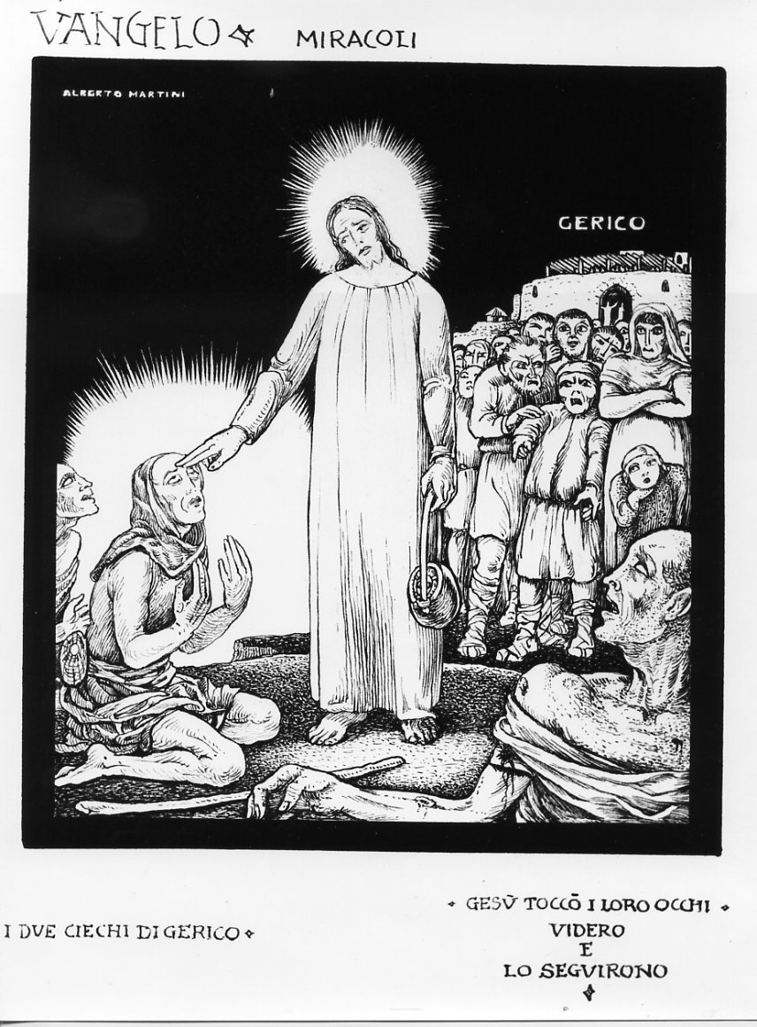 I ciechi di Gerico, Cristo guarisce il cieco di Gerico (disegno) di Martini Alberto (sec. XX)
