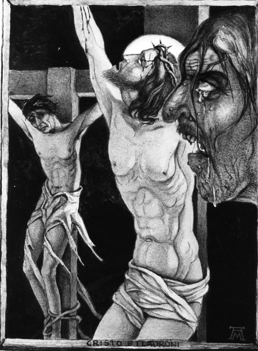 Cristo e i nladroni, Cristo crocifisso tra i due ladroni (disegno) di Martini Alberto (sec. XX)
