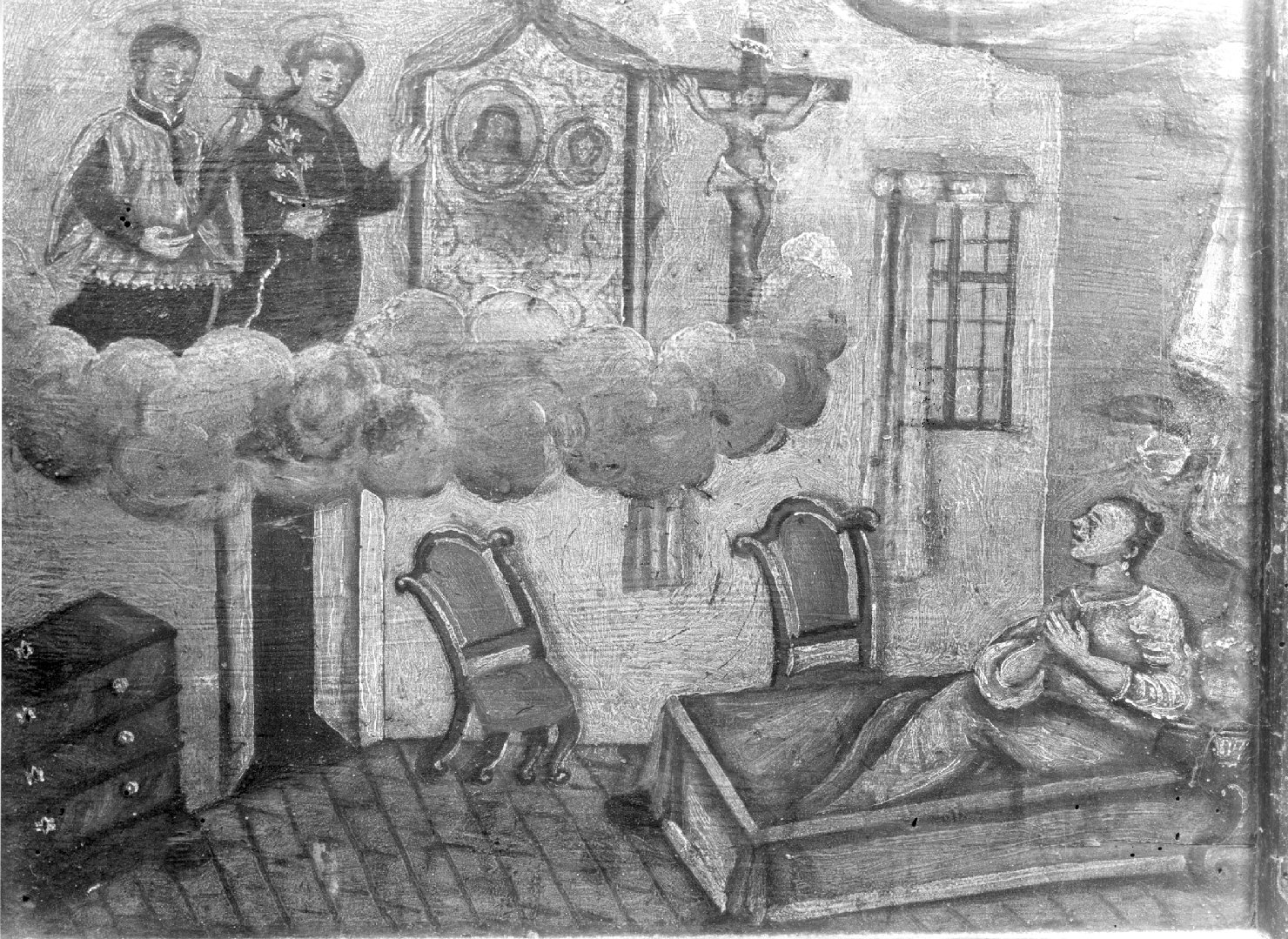 ammalata prega San Luigi Gonzaga, Sant'Antonio da Padova e Cristo crocifisso per la guarigione (ex voto) - ambito veneto (sec. XVIII)