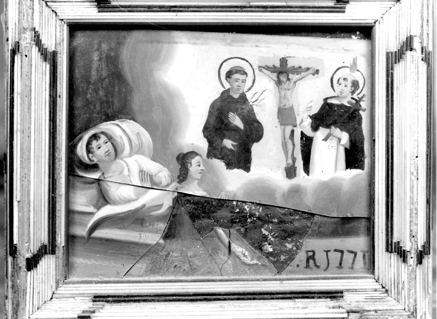 ammalato invoca Cristo crocifisso, San Luigi di Francia e Sant'Antonio da Padova per la guarigione (ex voto) - ambito veneto (sec. XVIII)