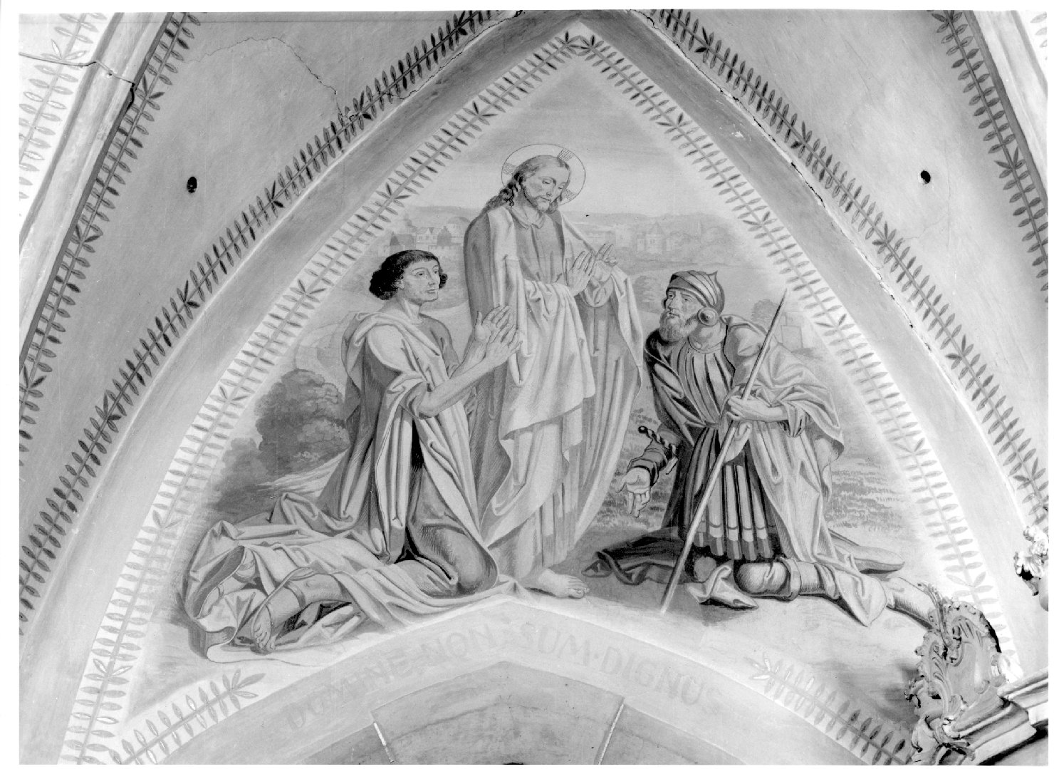 Cristo benedicente tra devoti inginocchiati (dipinto) di Peskoller Giovanni (sec. XX)