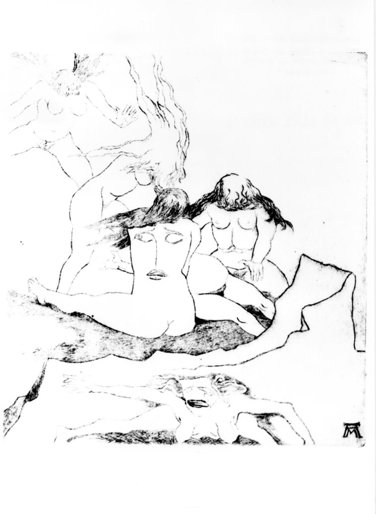 Eumenidi e Furia, figure della tragedia greca (stampa) di Martini Alberto (sec. XX)